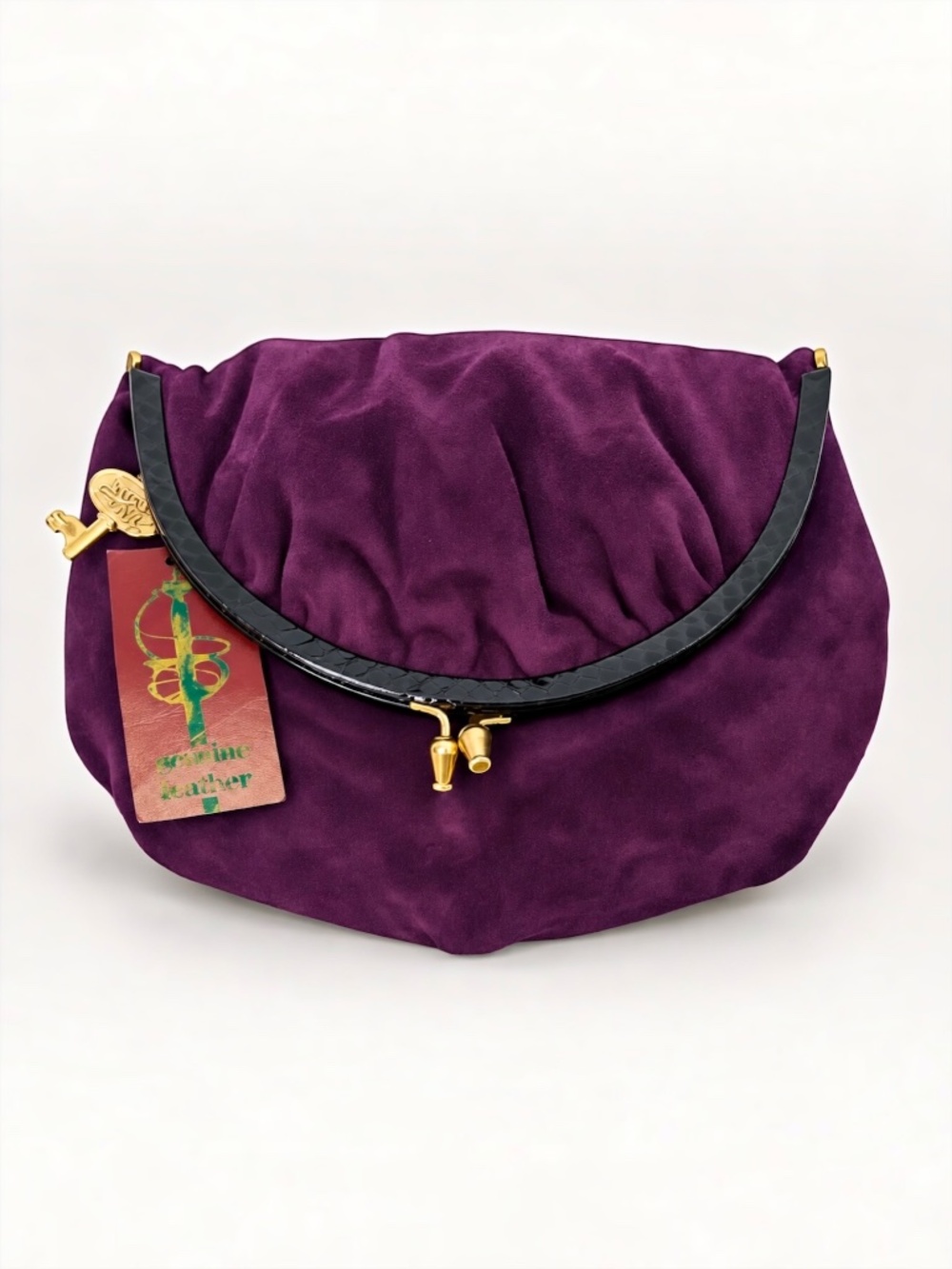 Vintage Ruth Saltz Plum Purple Suede Frame Clutch Half Moon Evening Bag Key Char